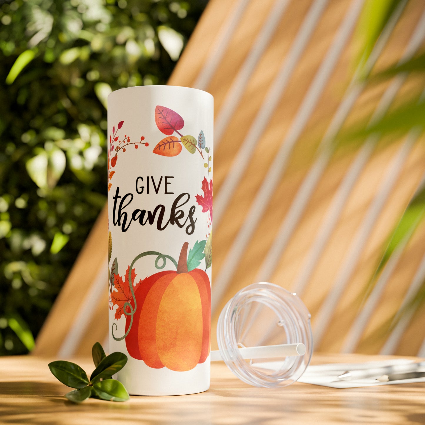 Give Thanks Skinny Tumbler with Straw, 20oz